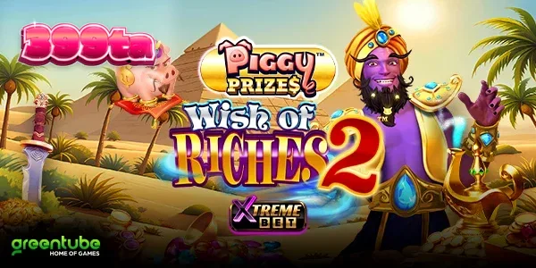 Tampilan visual slot Piggy Prizes Wish of Riches 2 dengan elemen koin dan genie